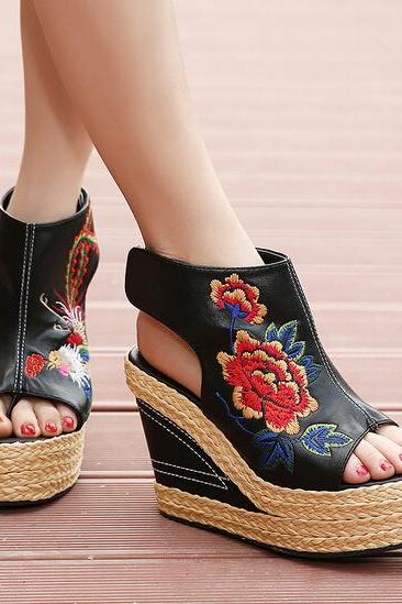 Floral Embroidered Peep-toe Braided Platform Wedge Heels