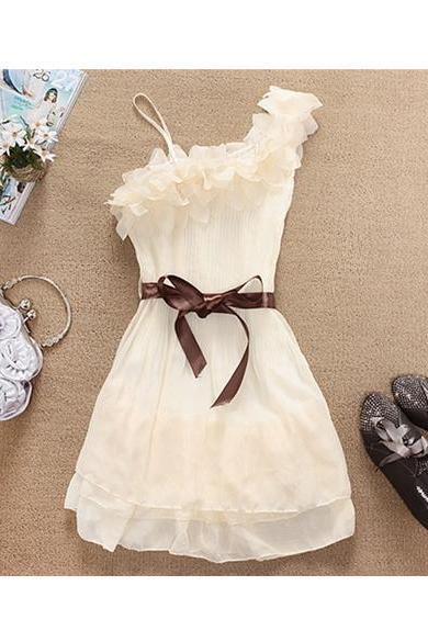 One Shoulder Pleated Chiffon Dress