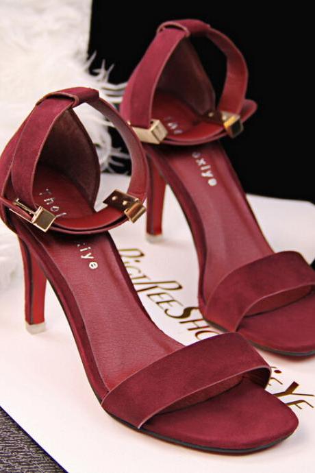 Burgundy Faux Suede Square Open Toe Ankle Strap High Heel Stilettos 