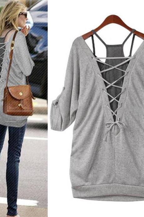 Fashion Women&amp;amp;#039;s Loose Casual Cotton Long Sleeve T Shirt Tops Back Hollow Blouse