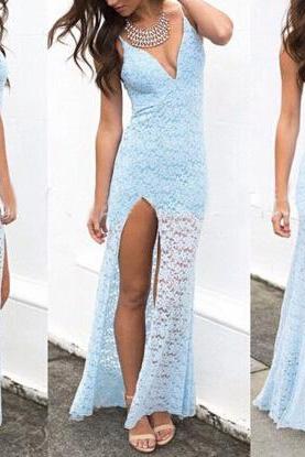 Plunging V-neck Long Lace Backless Dress With High Slit