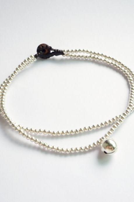 For Anklet - Silver Line - Double Strands of Silver Plated Bead and Bell with Black Wax Cord Anklet - Gift under 10
