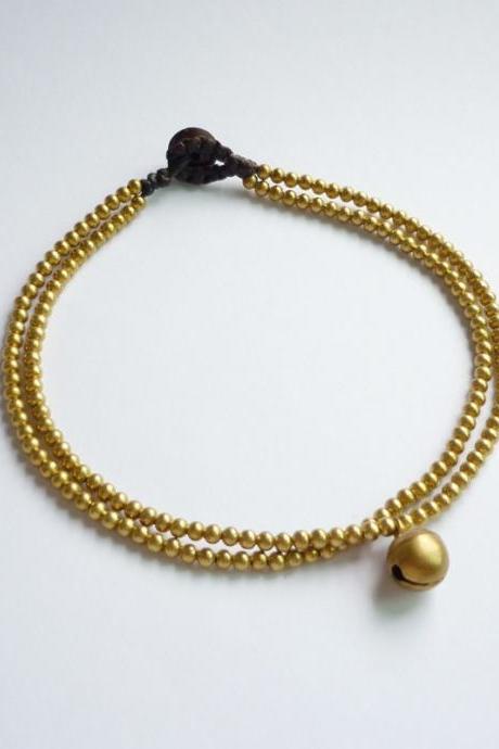 For Anklet - Golden Line - Double Strands Of Brass Beads And Bell With Black Wax Cord Anklet - Gift Under 10