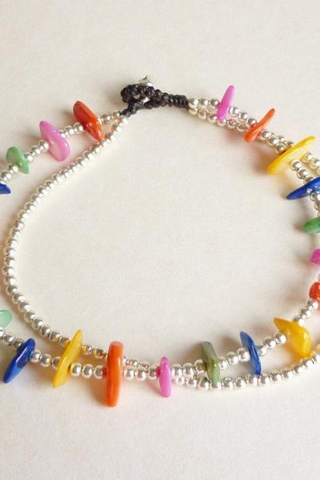 For Anklet - Rainbow and Silver - Double Strands of Colorful Dyed Mother of Pearl Chip Beads and Silver Plated Beads with Wax Cord Anklet