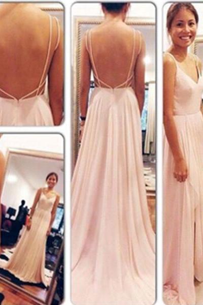 Lovely Pink 2015 A-line V-neck Open Back Floor Length Prom Dress Maxi Dress Handmade