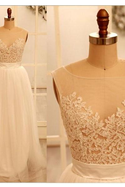 Ivory Appliques Lace Round Neckline Floor Length Prom Dress Wedding Dress Handmade