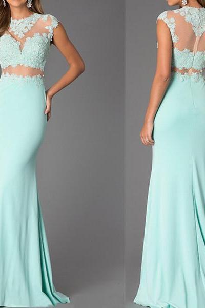 Two-piece Mint Lace High Neck Bare-midriff Floor Length Prom Dress Handmade