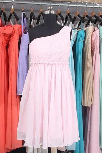 Pink bridesmaid dress, One Shoulder Bridesmaid Dress, Empire Waist bridesmaid dress, Short bridesmaid dress, Chiffon Bridesmaid Dress, BD2707