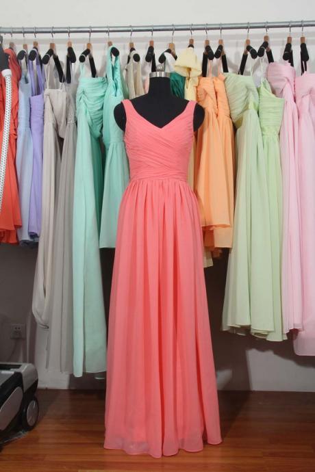 Coral Bridesmaid Dress, A-line bridesmaid dress,V Neck bridesmaid dresses, Long Chiffon Bridesmaid Dress, bridesmaid dress,Cheap Bridesmaid Dress, BD2710