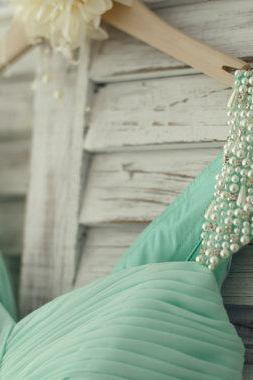Lovely Handmade Mint Blue Chiffon Long Bridesmaid Dress 2015, Pearl Beaded Cap Sleeves Prom Dress, Prom Dresses 2015