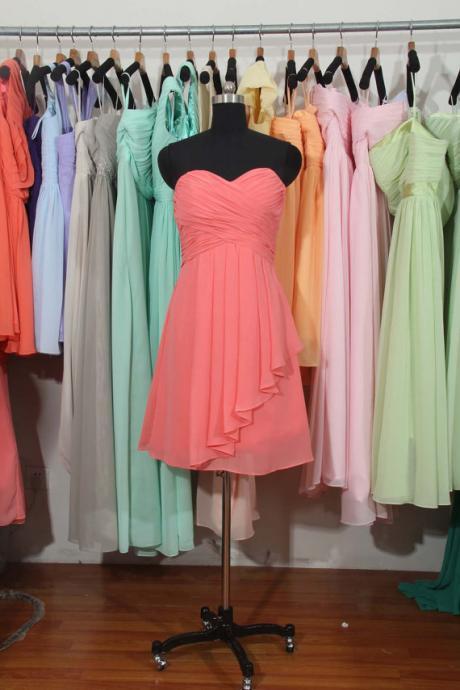 Custom Made Coral Sweetheart Neckline Chiffon Short A-Line Evening Dress with Cascading Skirt, Bridesmaid Dresses, Bridal Collection, Prom Dresses
