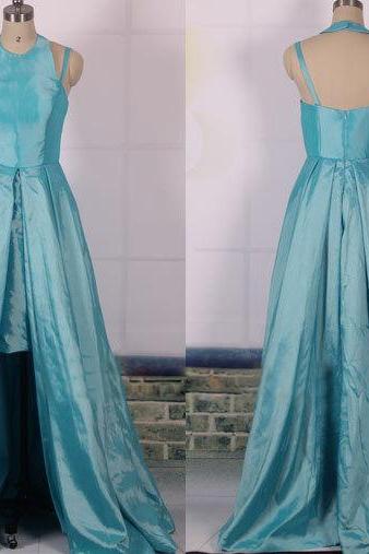 2015 Hot Sale Ice Blue Taffeta Halter Formal Prom Gown