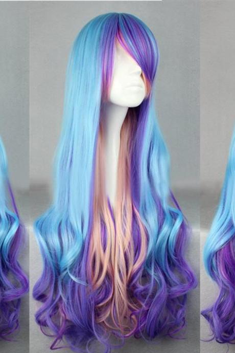 Unique Handmade Blue Purple And Pink Multi-color Curl Long Lolita Wig Japanese Wig Anime Cosplay Wig
