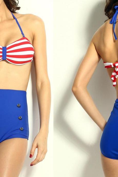 Top Fashion Striped Top Pin up High-waisted Bikini Swimwear