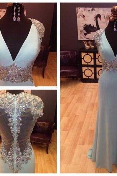 Cap Sleeve Prom Dress, Blue Prom Dress, V-neck Prom Dress, Evening Dress, Handmade Prom Dress, Beautiful Prom Dress, Bd216