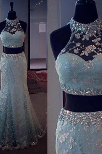Blue Prom Dress, Beautiful Prom Dress, Two Piece Prom Dress, Lace Prom Dress, Sleeveless Prom Dress, Elegant Prom Dress, Bd221