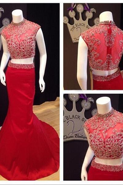 red prom dress, cap sleeve prom dress, elegant prom dress, two piece prom dress, handmade prom dress, mermaid prom dress, BD223