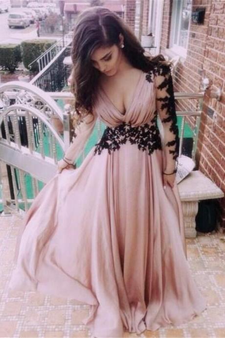 Gorgeous Lace Appliqes V-neck Long Sleevesfloor Length Prom Dress Party Dresses