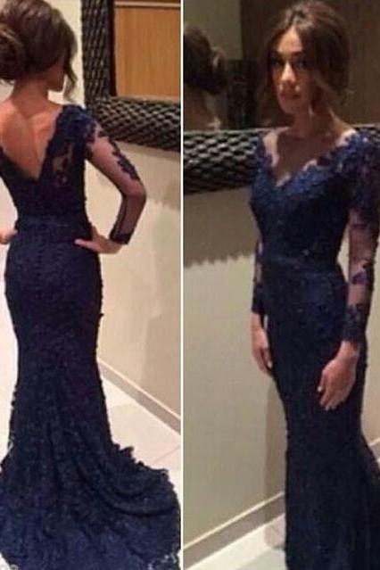 Long Sleeves Dark Blue Lace Mermaid Prom Dresses,V Neck Navy Blue Long Prom Dress,Formal Evening Prom Gowns,Mother's Dress PD036