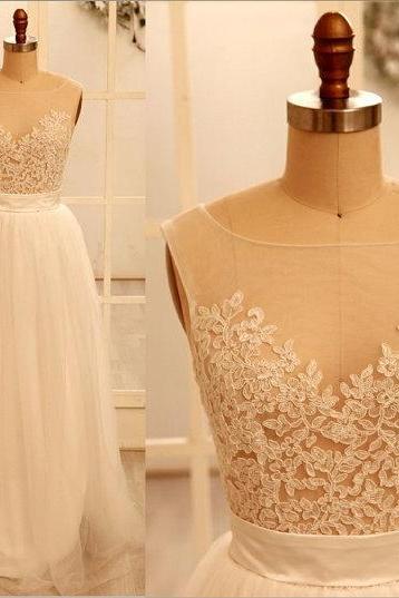 Custom Made prom dress, A Line Round Necklace Lace Wedding Dresses, Deep V Neck Back Dress, Ivory Dresses For Wedding, BD3010