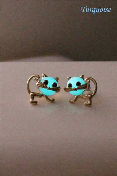 Free Shipping Little Cat Glowing Earrings, Turquoise Glowing Earrings, Golden Color Earring, Glow In The Dark, Birthday Gift 