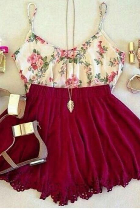 Cute Floral Red Lace Dress