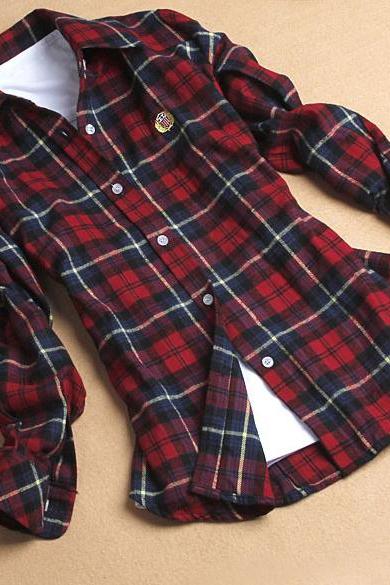 Women Button Cotton Casual Lapel Shirt Plaids Checks Flannel Shirt Top Blouse