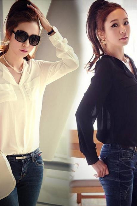 Women's Chiffon Long Sleeve Shirt Tops Blouse