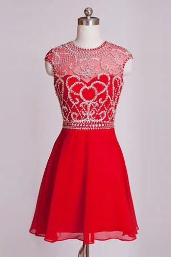  Red Chiffon Beaded Cap Sleeves Cocktail Dress 