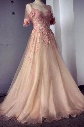 Appliques And Tulle Prom Dresses, Floor-length Prom Dresses, Sexy Prom Dresses, Half Sleeve Prom Dresses, Charming Evening Dresses Dr0123