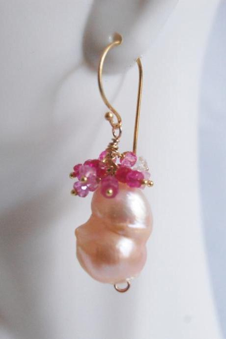  Rare AAA FLAMEBALL Baroque cultured Pink fresh water pearl and shaded Ruby Earrings