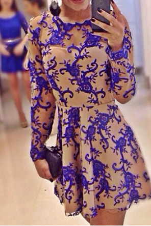 Elegant Blue Round Neck Long-sleeved Dress Fg5712jh