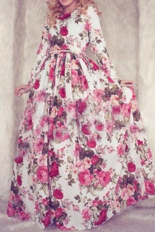 Fashion round neck long-sleeved waist print dress VG5716MN