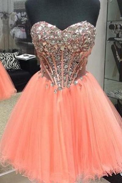 Bright Coral/Orange Rhinestoned Ball Gown Sweetheart Neckline Mini Homecoming Dress Party Dress
