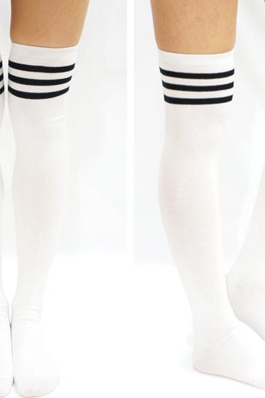 JK Black Stripe Cotton Thigh High Socks - White