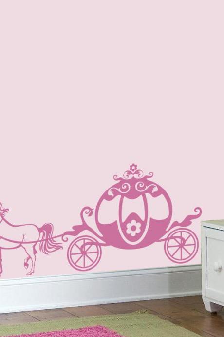Cute Pink Chariot Princess wall decal, Unicorn Girly vinyl sticker, nursery room sticker, baby girl decal 
