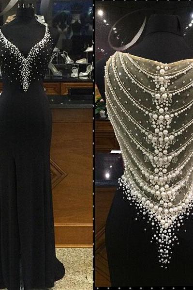 black prom dress, beading prom dress, prom dress 2015, v-neck prom dress, party dress, modest prom dress, sexy prom dress, BD253