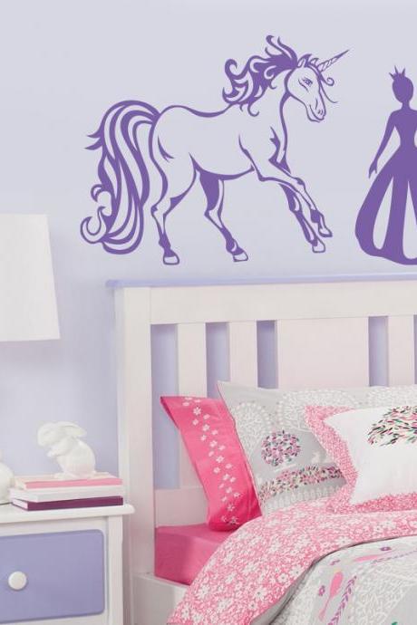 Princess and Unicorn vinyl decal, art stickers for nursery room, Baby Girl decal for wall