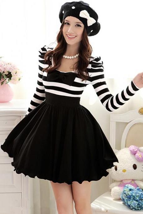 White And Black Chiffon Summer Dresses With Long Sleeves