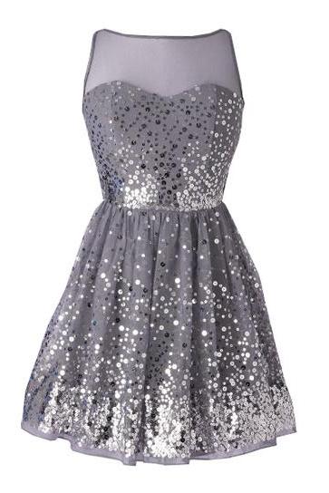 Custom Made Silver Sequin Sleeveless Illusion Neckline A-line Homecoming Dress, Graduation Dress
