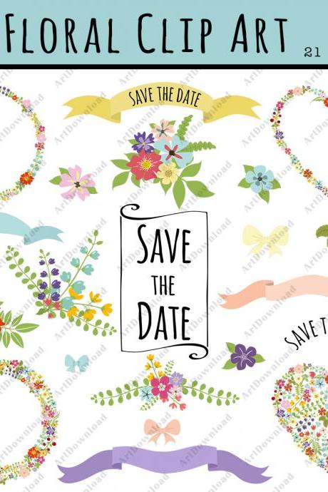 Digital Floral Clip Art - Clip Art Wedding, Flowers Wreath , Ribbon , Floral Hearts, Bouquets, Wedding Invitation