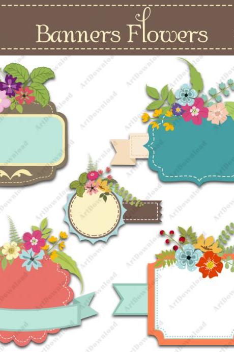 Digital floral banners - Clip art labels , Wedding bouquets, Clip art scrapbooking, Floral wedding invite, Hand drawn flowers