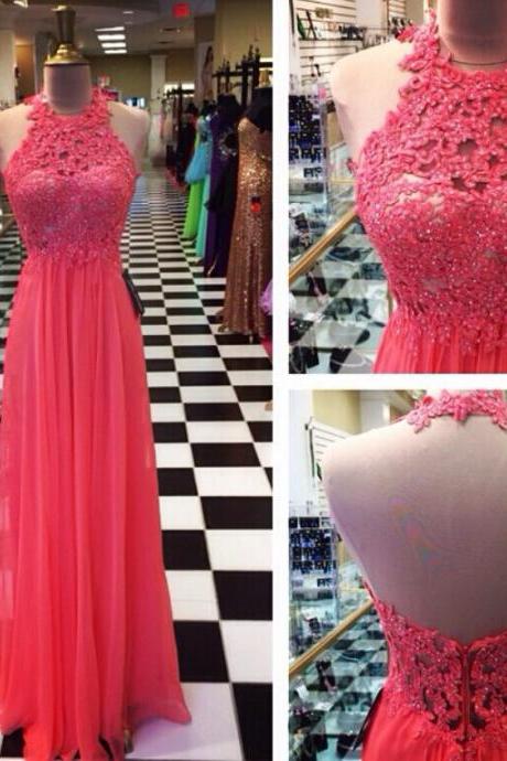 Custom Made A Line Halter Neck Floor Length Lace Prom Dresses, Dresses for Party