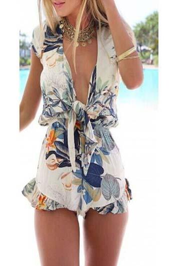 Sexy Short Sleeve V Neck Flouncing Printed Rompers
