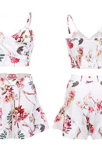 Fashion Floral Print V-neck Tops + Shorts Two-piece Set [gyxh0742]