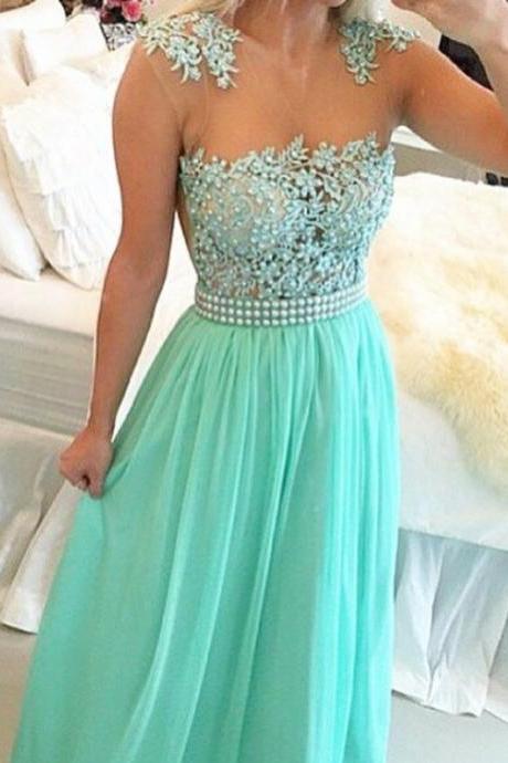 Mint Green Chiffon Illusion Neckine Beaded Prom Dress With Lace Appliques Bodice