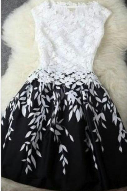 Black And White Contrast Color Leaf Bud Silk Dress A-line Skirt Dress