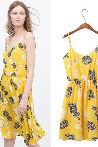 Fashion Floral Print Gathered Waist Sling Dress [gyxh0786]