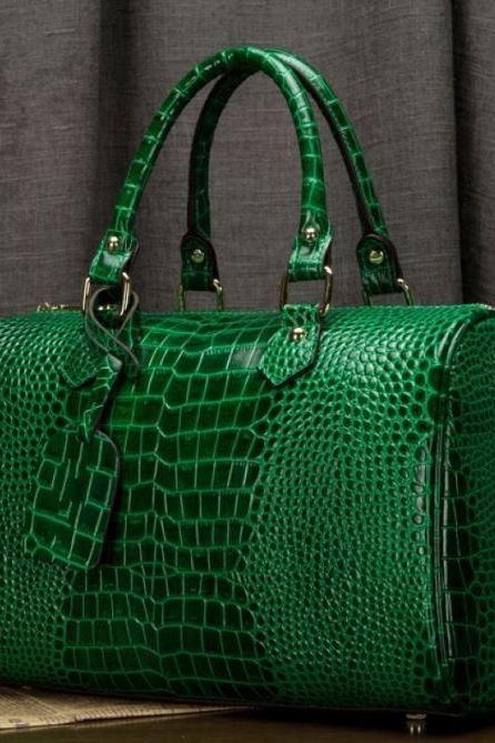 Boston Bags Green Tote Bags Embossed Alligator Skin Leather Bags for Women with FREE Green Necklace