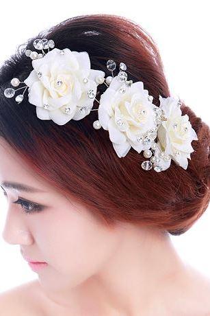White Bridal Flower Headpiece Rose Flower Accessories for Hair Bridesmaids 3 Pieces